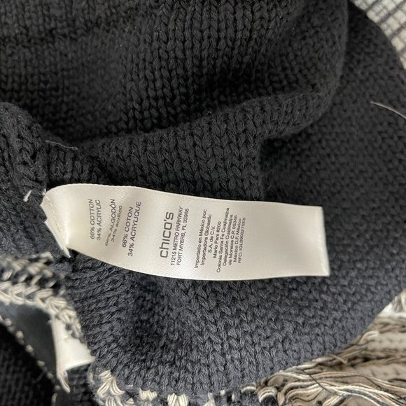 Chico's 1 Women's Arlene Cardigan Sweater black beige Cotton Size Medium Fringe - Picture 7 of 9